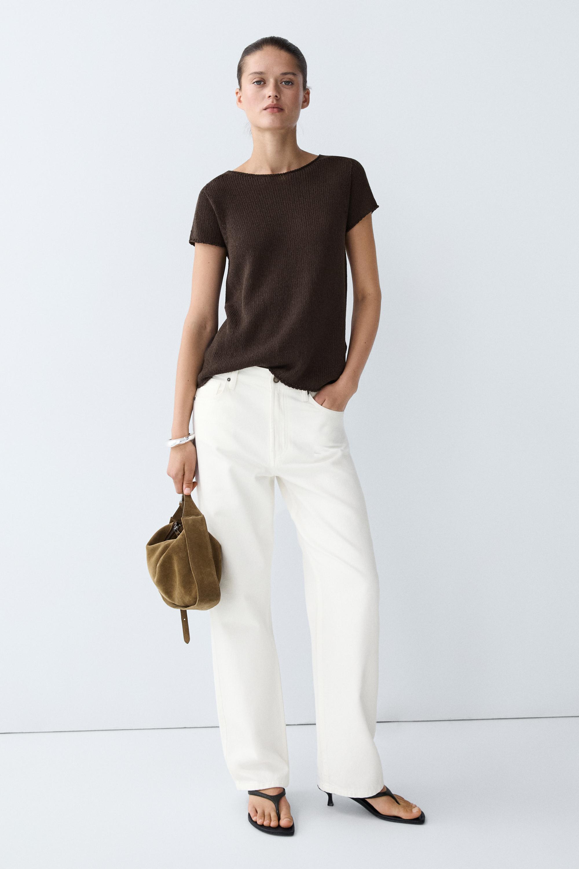 Cotton blend short sleeve knit sweater